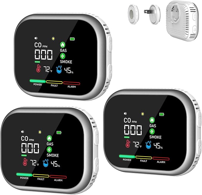 6-in-1 Portable Steadfast Haven Detector Air Quality Monitor (Temperature, Humidity and More) Plug in & Magnetic Mount & Rechargeable Battery Backup for RV Car Hotel Apartment Travel (3,White)