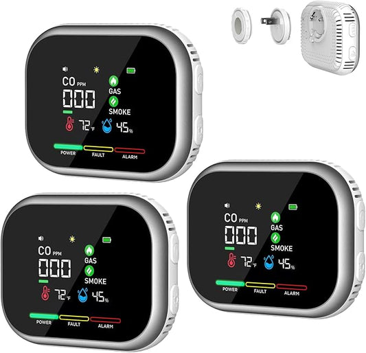 6-in-1 Portable Steadfast Haven Detector Air Quality Monitor (Temperature, Humidity and More) Plug in & Magnetic Mount & Rechargeable Battery Backup for RV Car Hotel Apartment Travel (3,White)