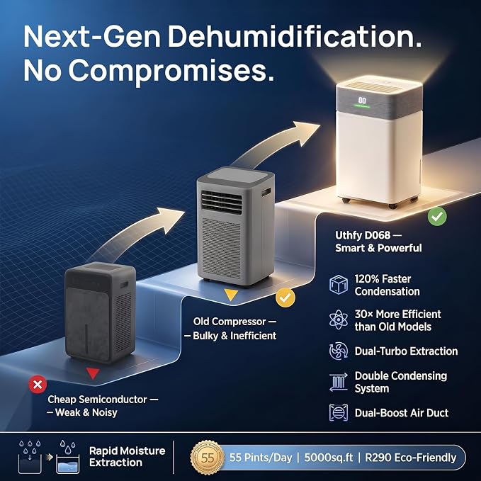 Uthfy 5000Sq.Ft Dehumidifier for Basement with Drain Hose,Smart Compressor Dehumidifiers for Home, Bedroom,with Reusable Filter,Dual-Screen,Child Lock,Intelligent Humidistat,24H Timer,WiFi App Control