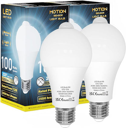 ORALUCE Motion Sensor Light Bulbs Indoor Outdoor 100 watt Equivalent, 12W Motion Activated Light Bulb 5000K Daylight, A19 E26 LED Light Bulb for Garage, Porch, Hallway, Stairs, Front Door, 2 Pack