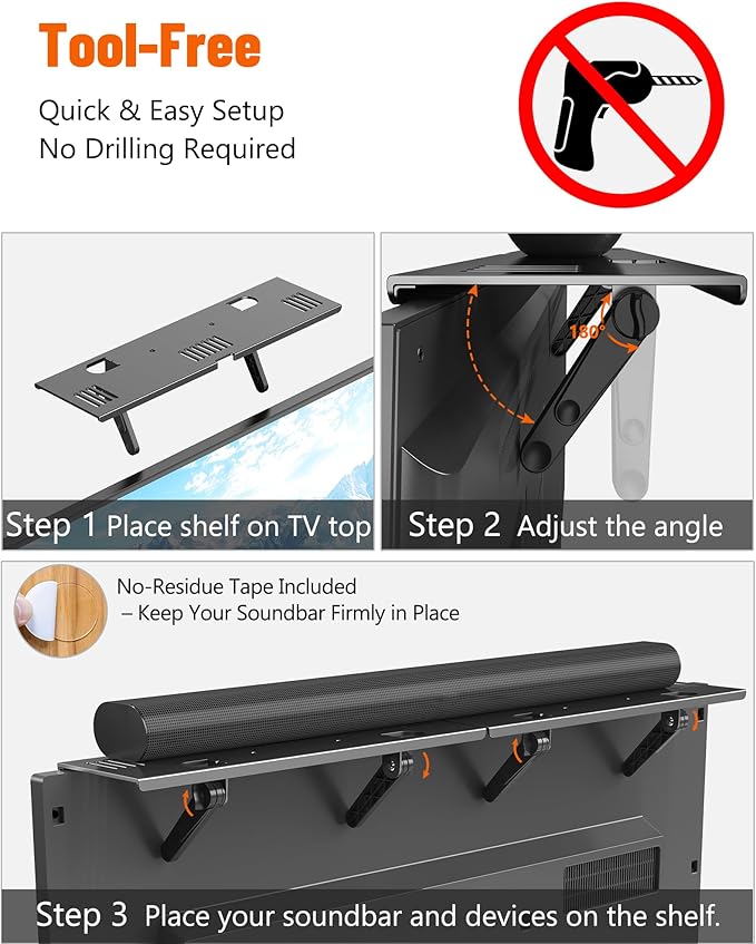 Soundbar Mount, No Drilling Steel TV Top Shelf Fits Most of Sound Bars Up to 15 Lbs, Universal Sound Bar TV Mount Bracket, Sound Bar Stand Compatible with Samsung, Sony, LG,Bose, 16.9x4.7inch