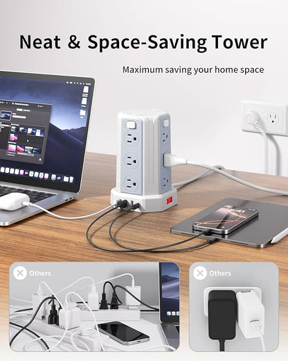 Power Strip Surge Protector, 16.4 Ft Extension Cord with 12 AC Multiple Outlets 4 USB (1 USB C), SMALLRT Power Tower Desktop Charging Station