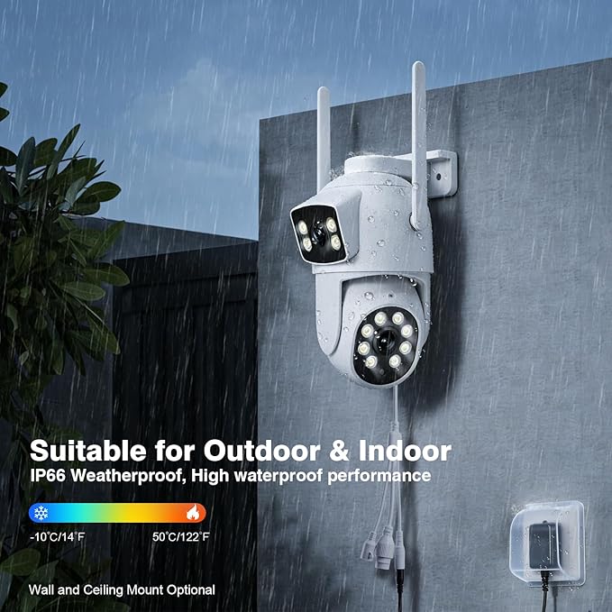 WiFi Security Camera 4MP, Dual Lens View, Pan Tilt Fixed, Indoor Outdoor, Humanoid Motion Detection, Auto Tracking, 2-Way Audio, IP66 Waterproof Spotlight Siren Alarm, Full Color Night Vision