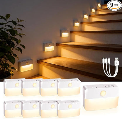9 Pack Rechargeable Motion Sensor Stair Lights Indoor, Automatic Activated LED Night Light Wireless Battery Powered Portable Hallway Step Toilet Closet Lamp for Bedroom Kitchen