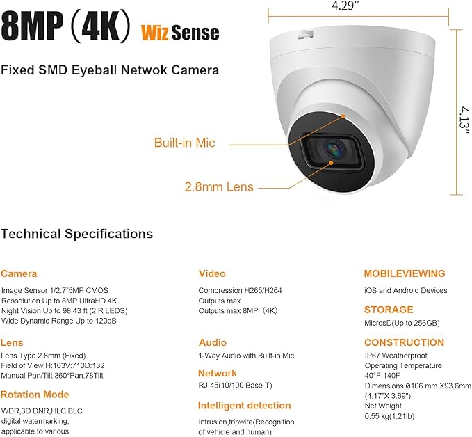 DahuaSecurity 4K 8MP PoE IP Dome Camera – Outdoor AI Security Turret Camera with Human & Vehicle Detection, 98ft IR Night Vision, IP67, Built-in Mic, Smart Surveillance for Home