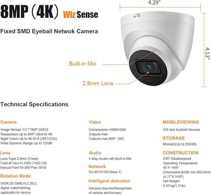 DahuaSecurity 4K 8MP PoE IP Dome Camera – Outdoor AI Security Turret Camera with Human & Vehicle Detection, 98ft IR Night Vision, IP67, Built-in Mic, Smart Surveillance for Home