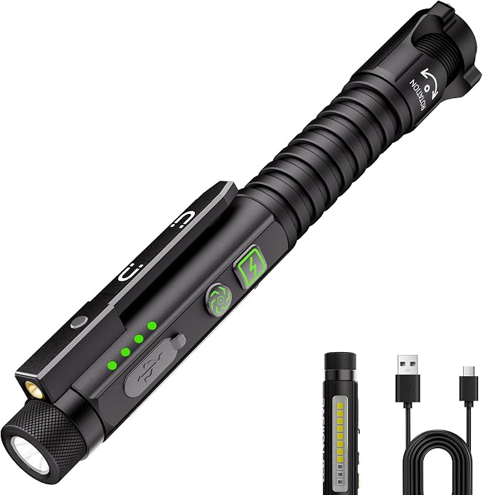 EDC Flashlight Rechargeable,800 Lumen Small Flashlight with Magnetic Clip & Base, 11 Modes LED Flashlight,Glass Breaker&Bottle Opener, USB-C Flashlight for Working,Home and Emergency