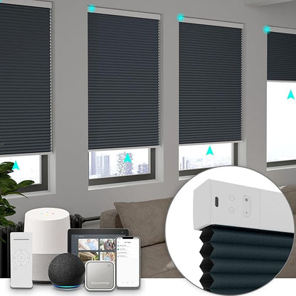 Changshade Blackout Smart Blinds Cellular Shades for Windows Doors Motorized with Remote Control, Custom Size Automatic Honeycomb Blind Electric Power Compatible with Alexa, Google Home, Dark Blue