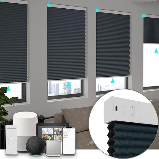 Changshade Blackout Smart Blinds Cellular Shades for Windows Doors Motorized with Remote Control, Custom Size Automatic Honeycomb Blind Electric Power Compatible with Alexa, Google Home, Dark Blue