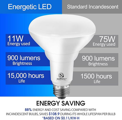 Energetic BR30 Dimmable Indoor LED Flood Light Bulb, 11W=75W, 5000K Daylight, 900LM, Ceiling Light Bulb for Cans, CRI85+, 6-Pack