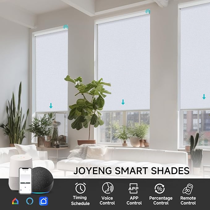Motorized Blinds with Remote, Custom Waterproof Automatic Electric Blackout Smart Blinds for Windows, Motorized Window Roller Shades Compatible with Alexa Google for Home Office, White