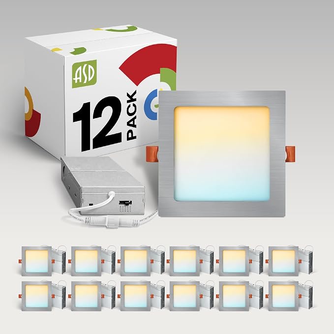 ASD 12 Pack LED Square Recessed Lighting 6 Inch, 5 CCT 2700K-5000K, 15W 60W Eqv Ultra Thin Dimmable Ceiling Lights with J Box, Canless Wafer Downlight, Slim Panel Light, UL Energy Star, Brushed Nickel