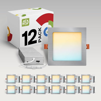 ASD 12 Pack LED Square Recessed Lighting 6 Inch, 5 CCT 2700K-5000K, 15W 60W Eqv Ultra Thin Dimmable Ceiling Lights with J Box, Canless Wafer Downlight, Slim Panel Light, UL Energy Star, Brushed Nickel