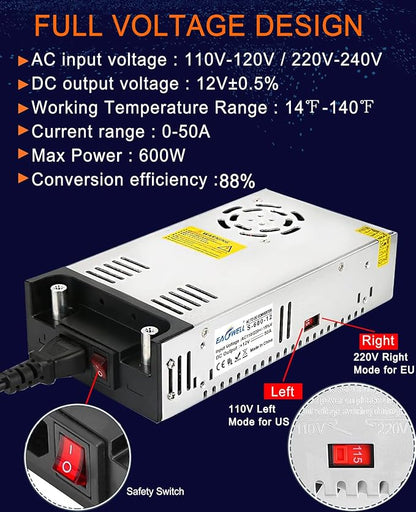 EAGWELL New Version 110V AC to 12V DC Converter 600W Power Supply 50A, Universal SMPS Transformer for RV, Pump, LED Strip, CCTV, Car Stereo,Diesel Heater
