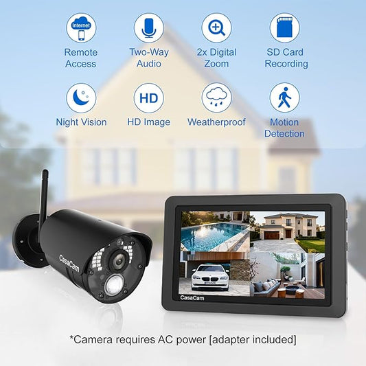 CasaCam GuardianCam Air | Wireless Security Camera System with 7" Touchscreen Monitor and 2 720p Cameras | AC Powered, Two-Way Audio, Free APP, Micro SD Card and Battery Installed, Model VS802