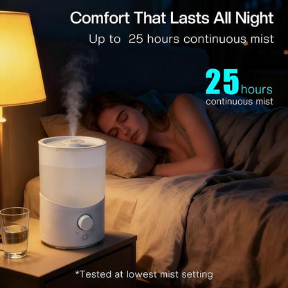 Cool Mist Humidifier for Bedroom, 3L Top Fill Ultrasonic Air Humidifier with Adjustable Knob Control, Quiet Operation, Auto Shut-Off, BPA-Free for Home, Baby, Office, Plants 3L
