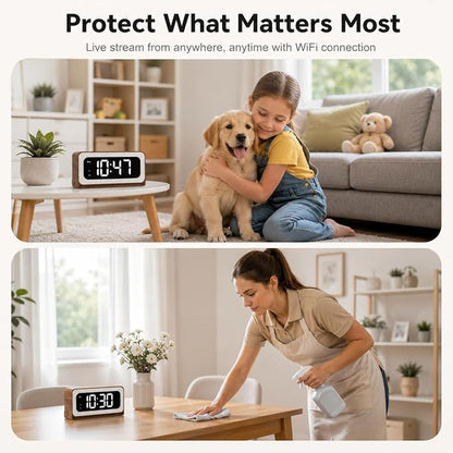 Clock Camera 2K,5G&2.4G WiFi Indoor Security Camera Wood Grain,Cameras for Home Security,3 in 1 Indoor Camera with Alarm,Full Color Night Vision Human Motion Detection Local Storage
