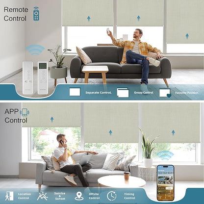 Motorized Roller Shade, 100% Blackout Smart Window Blinds Work with Homekit, Alexa, Google Home, Remote Control, Electric Blinds with USB/Solar Pannel Charging, Gentle Cream