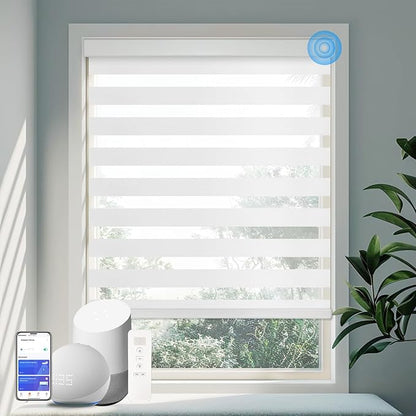 Motorized Zebra Blinds for Windows Cordless Electric Curtains with Remote Control Blackout Shades Custom Smart Blinds Compatible with Alexa Google Home(Light Filtering White,W53 X 72in)