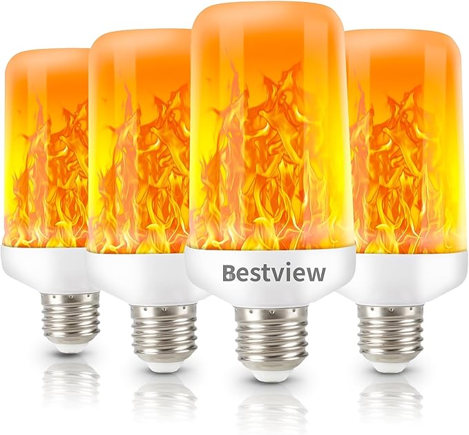 Bestview LED Flame Effect Light Bulbs,4 Modes Smart E26/E27 Base Flickering Fire Light Bulb with for Halloween, Christmas, Party, Porch, Indoor&Outdoor Home Decoration Lighting (Yellow 4 Pack)