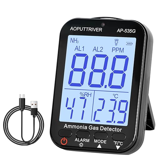 Portable Ammonia Gas Detector,0~100 PPM Rechargeable NH3 Gas Meter for Farms, Poultry, Swine| LCD Backlight with Temperature (°F/°C) and Humidity Display