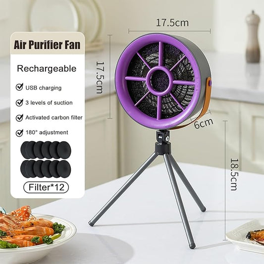 Smoke Away Purifier Fan, Portable Smoke Air Purifier Fan with 12 PCS Activated Carbon Filter Cotton, Three Speed Adjustment, Type-C Charging, Can Be Hung and Stood (Blue)