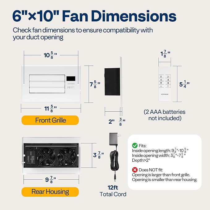 VIVOHOME Register Booster Fan - 6'' x 10'' Opening with Adjustable Louver | Smart Thermostat & 10-Speed WIFI App Control - AC Vent Fan for Floor, Ceiling, Wall - Quiet Operation (White)