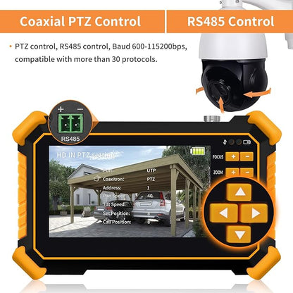Rsrteng CCTV Tester Monitor Auto HD Coaxial Camera Tester 4K 8MP TVI/CVI/AHD/CVBS Analog Video Monitor 4.3 inch TFT-LCD Screen PTZ Control RS485 Call OSD Menu Audio DC12V Power Output