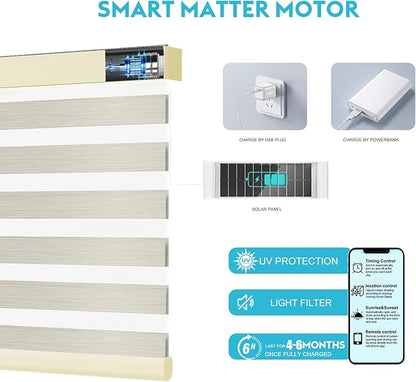 Motorized Blackout Zebra Blinds Shades Compatible with Alexa,Rechargeable Battery Day and Night Dual Layer Sheer Smart Blinds Shades with Valance,Customized Size (Light Gold)