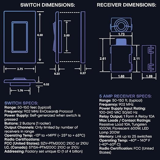RunLessWire Single Pole Battery-Free DIY Wireless Light Switch Kit 150ft RF Range Self-Powered by Kinetic Energy for Fixtures & Outlets : 1 Remote Switch Controls 1 5A On/Off Receiver Black