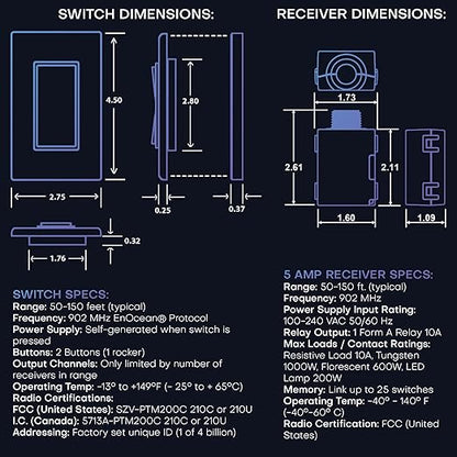 RunLessWire 3-Way Battery-Free DIY Wireless Light Switch Kit 150ft RF Range Self-Powered by Kinetic Energy for Hallways & Stairways: 2 Remote Switches Control 1 5A On/Off Receiver Light Almond