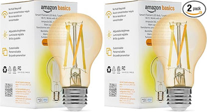 Amazon Basics A19 Smart Filament LED Bulb, Tunable White, 2.4 GHz Wi-Fi, Works with Alexa Only, 2-Pack