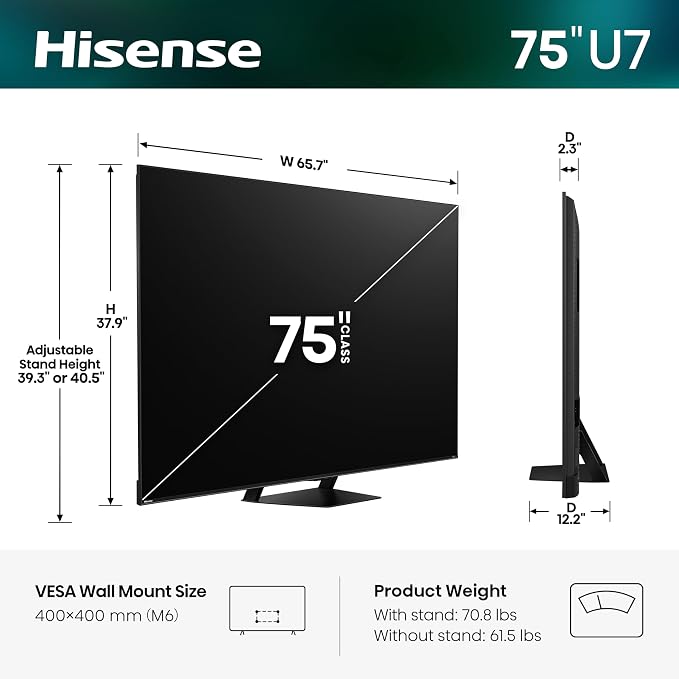 Hisense 75" U7 Mini-LED ULED 4K UHD Best Premium Gaming Smart Google TV (75U7SG, 2026 NEW) - Hi-QLED, Native 165Hz, VRR 330, HDR10+, Dolby Vision IQ·Atmos, IMAX Enhanced, Anti-Reflection, 2.1.2 Ch