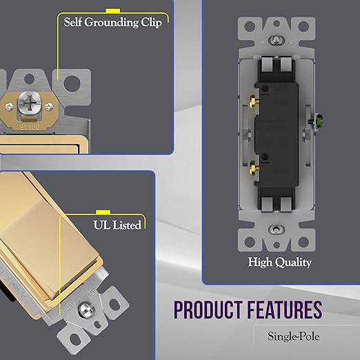 ENERLITES Elite Series Decorator Rocker Light Switch, 15A 120V/277V, Gloss Finish, Single Pole, 3 Wire, Grounding Screw, Residential Grade, UL Listed, 91150-GD5P, Gold Color (5 Pack)