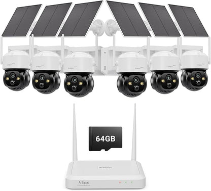 Anlapus Solar Security Camera Wireless Outdoor, 2.5K Pan/Tilt 6-Cam Kit with Solar Panel, Wireless Home Security Camera System with PIR/AI Detect, Color Night Vision, No Monthly Fee, 64GB Memory Card