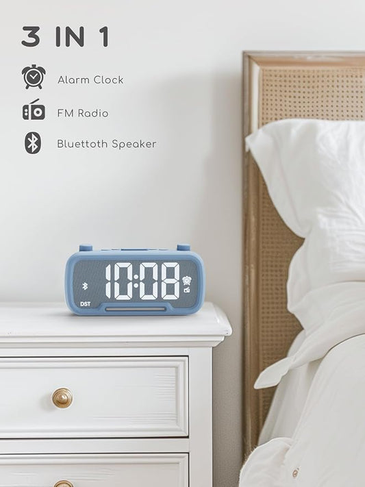ROCAM Alarm Clock Radio for Bedrooms with Bluetooth Speaker, Auto-Off Timer, Dimmer, Battery Backup, Loud Alarm Clock for Heavy Sleepers with USB Ports Night