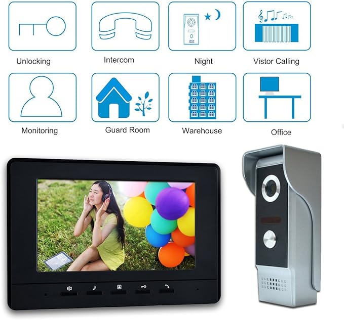 Wired Video Intercom System, 7 Inches Video Doorbell Door Phone System, HD Camera Kits Support Unlock, Monitoring, Dual-Way Intercom for Villa Home Office Apartment