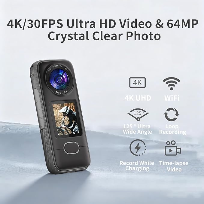 4K Action Camera, 3.5Hrs Battery Life Body Camera Hands-Free Recording, IPX6 Waterproof Portable Vlogging Camera with 1.4" HD Screen, Video Recorder with WiFi for Travel, Cycling, Motorcycle, Bloggers