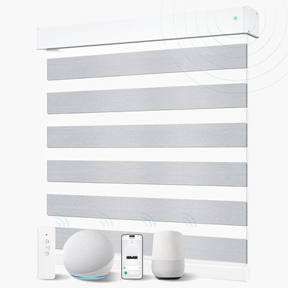 MING CHEN Motorized Blinds with Remote,Built-in Rechargeable Smart Blinds, Custom Size Electric Zebra Shades Compatible with Alexa Google (90% Blackout Fine Lines Grey)