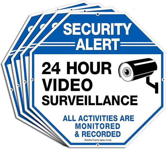 (4 Pack)"Security Alert - 24 Hour Video Surveillance, All Activities Monitored" Signs,10 x 10 .040 Aluminum Reflective Warning Sign for Home Business CCTV Security Camera, Indoor or Outdoor Use,Blue