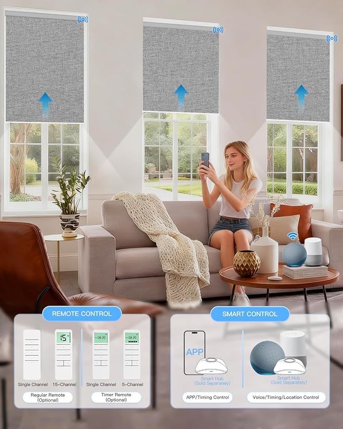 Tokblind Motorized Roller Shade with Remote Control, Blackout Electric Shade for Windows Compatible with Alexa Google via Hub, Rechargeable Smart Window Blind for Home Office (Fabric Grey)