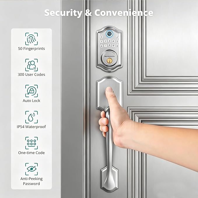 AkaGear Fingerprint Keyless Entry Door Lock Keypad Deadbolt with Handle Set | Smart Lock for Front Door, Front Door Lock Set, Passcode Unlock, 2 Keys, Auto-Lock, Brushed Nickel