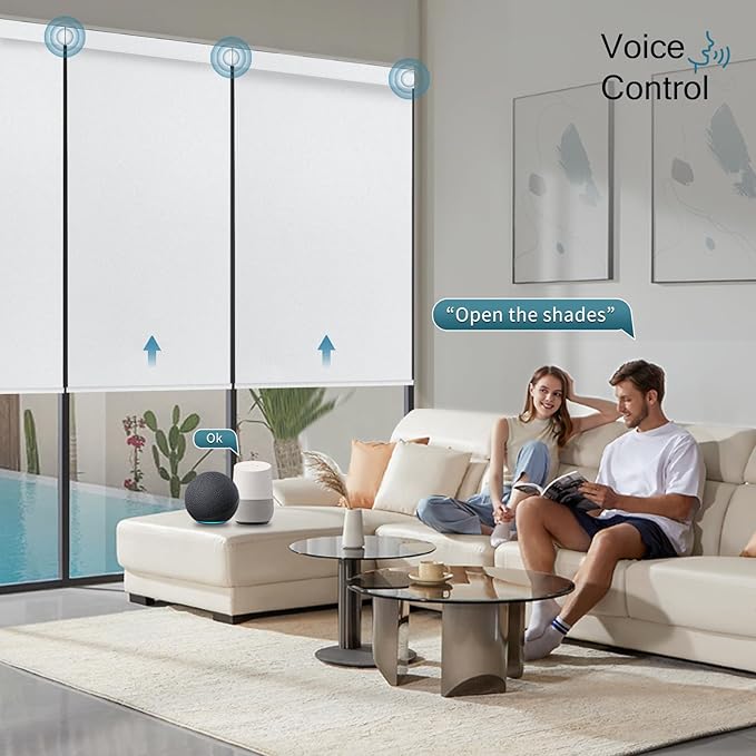 Motorized Blinds with Remote,100% Blackout Automatic Roller Shade Compatible with Alexa Google Homekit Thread,Electric Blind for Window,Vinyl Pure White