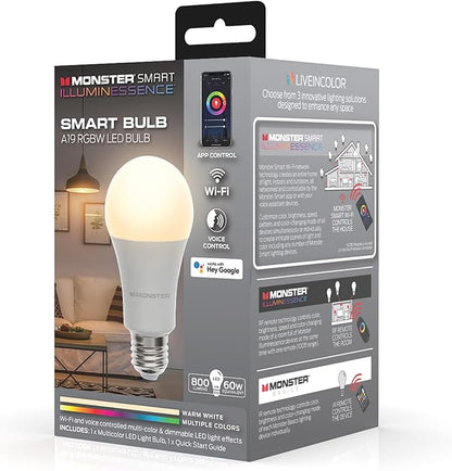 Monster Multi-Color and Warm-White LED Light Bulb, 16,000,000 Lighting Possibilities, Customizable with App, Compatible with Alexa/Siri/Google Assistant, Wi-Fi Enabled, 1-Pack, 9 watt