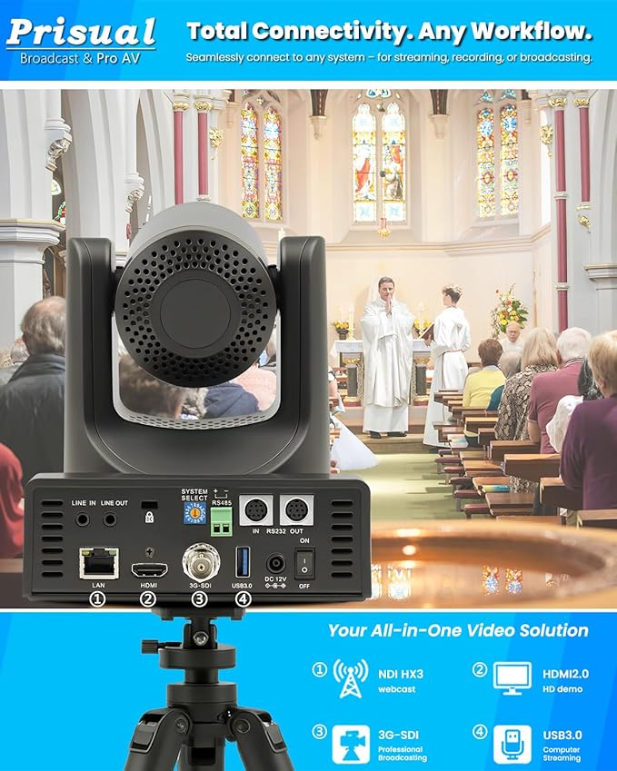 Prisual NDI PTZ Camera Gen 5, AI Auto Tracking, 20X Optical Zoom, 3G-SDI USB LAN PoE HDMI PTZ Camera for Church Worship Education Events (NDI 6 & NDI HX3 Certified) TEM-20N PRO