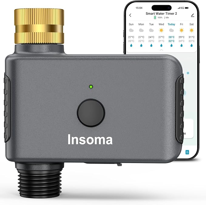 Insoma WiFi Water Timer Brass Inlet, Smart Sprinkler Timer for Garden Hose, APP & Voice Control Hose Timers, No WiFi Hub, 20 Watering Plans, Rain Delay Manual Mode for Garden Lawns(2.4GHz Only)