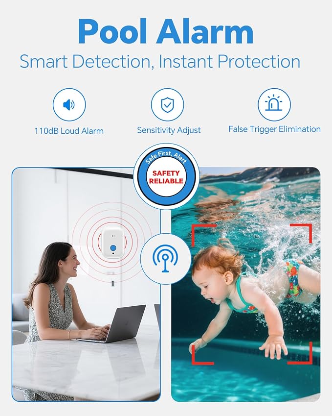 Pool Alarm for Inground & Above Ground Pools – Floating Pool Safety Alarm with 110dB Siren, Adjustable Sensitivity, Weatherproof– Covers up to 20' x 40' – Protects Kids & Pets (Blue)