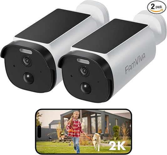 Solar Security Cameras Wireless Outdoor, 2K/3MP Battery Powered Camera with Integrated Solar Panel, AI Motion Detection, Color Night Vision, 2-Way Audio, IP65 Waterproof,2 Packs.