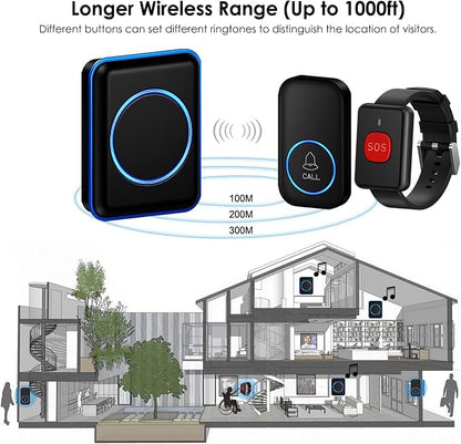 FullHouse Caregiver Pager Wireless Call Button Emergency Wristband | 1000+ Feet Range, Senior Alert Button to Call Family, Monitoring Calling System for Patient/Disabled at Home, IP55 Waterproof