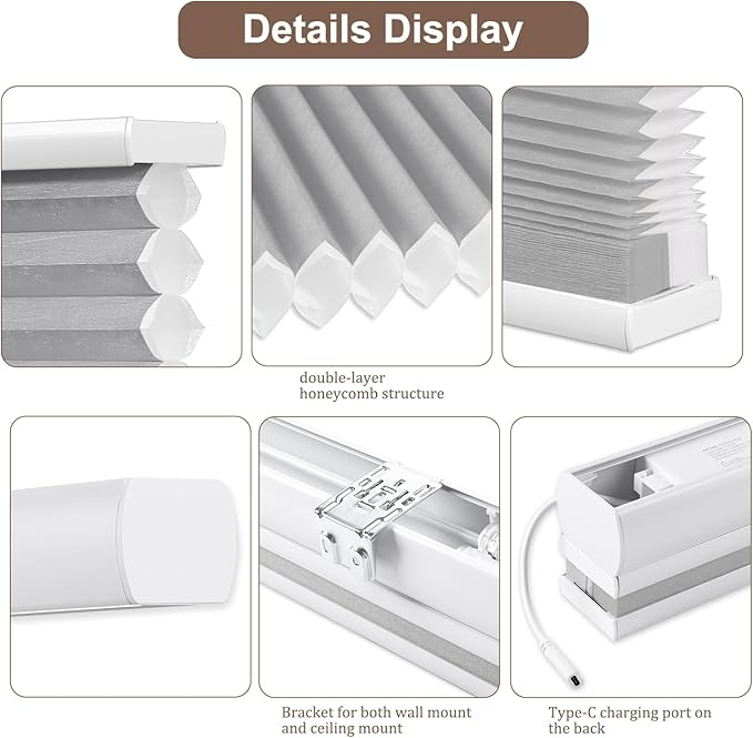 Godark Motorized TDBU Cellular Shades with Remote Control Smart Honeycomb Blinds Compatible with Alexa Google Home Smarthings Custom Double Cellular Light Filtering for Indoor Windows Doors-Grey